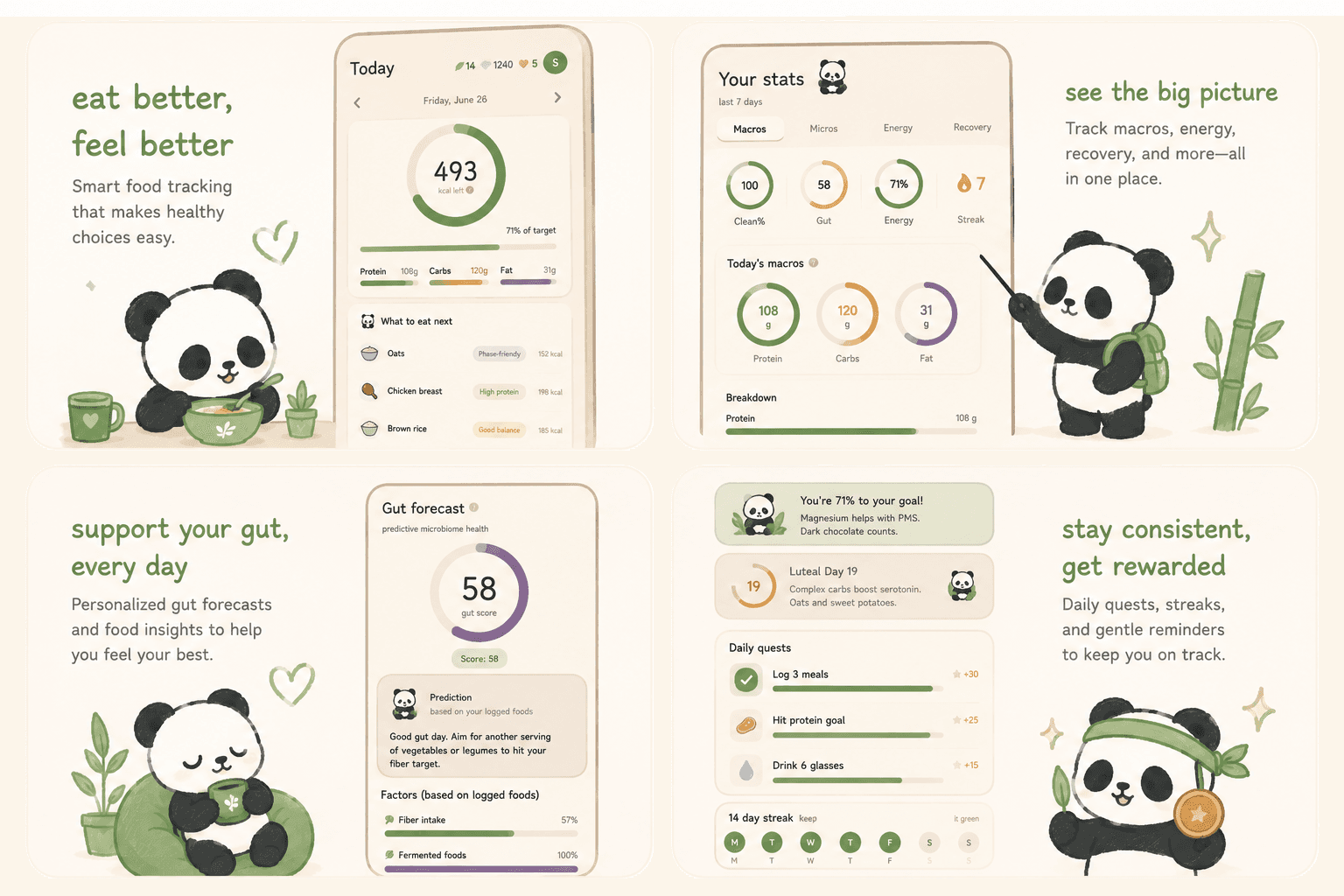 App screens with Bao showing food logging, macro insights, and streaks