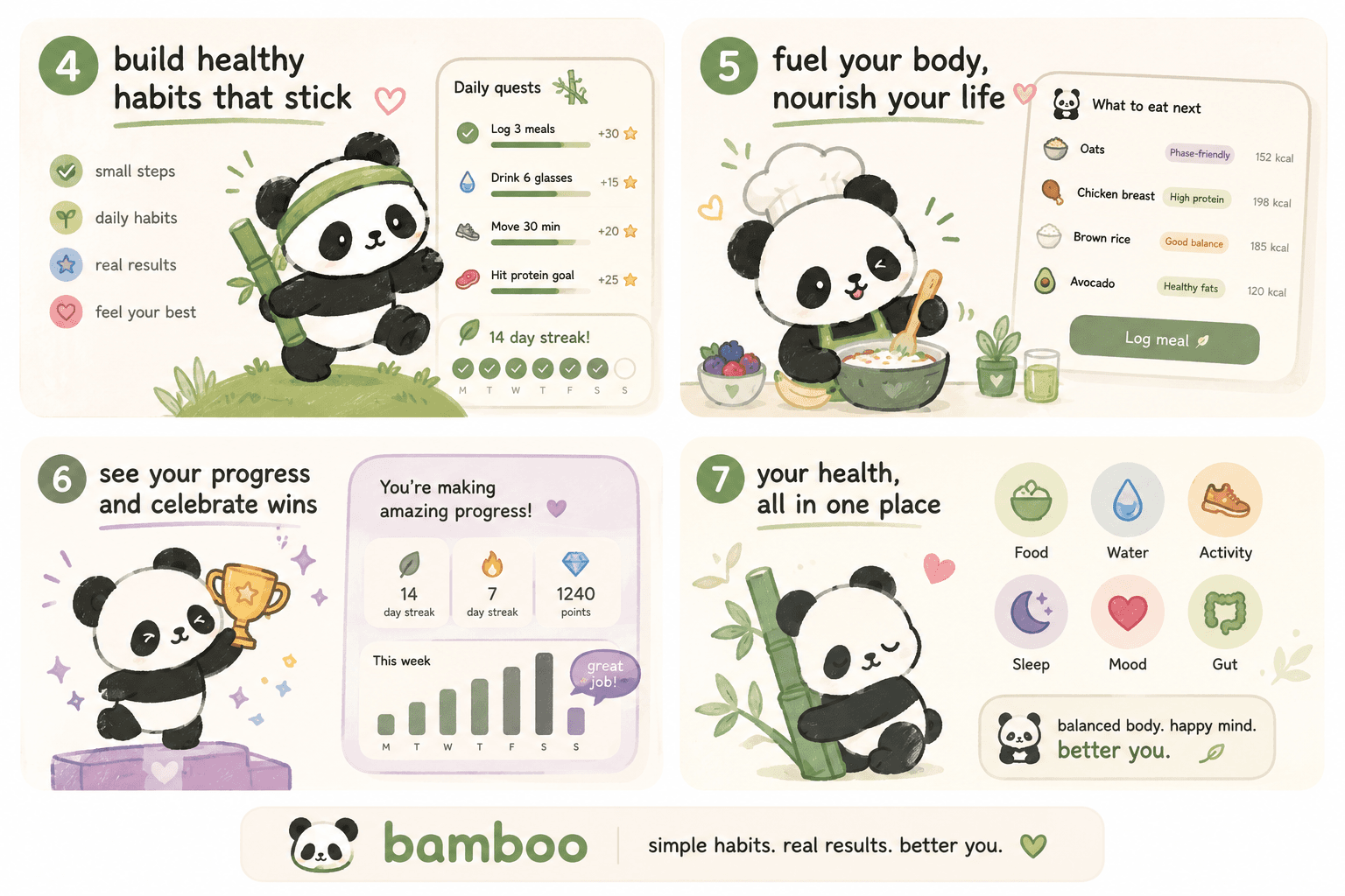 App screens with Bao showing quests, meal suggestions, and progress