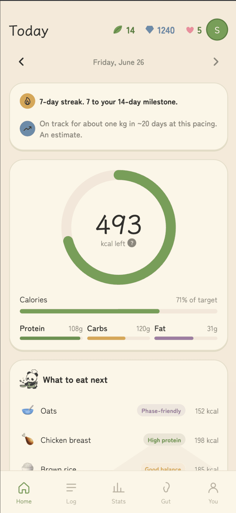 Bamboo dashboard showing 493 kcal remaining, macro bars, and food suggestions