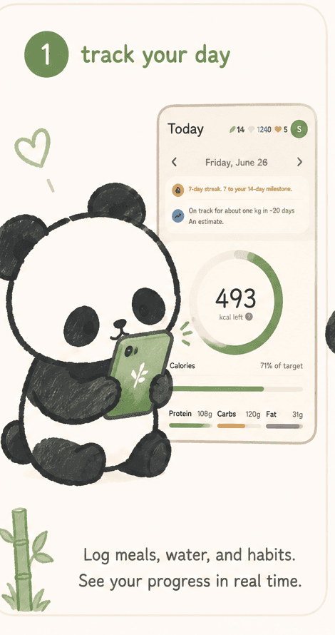 Step 1, track your day. Bao logs meals on a phone next to a daily view with a 493 kcal ring.