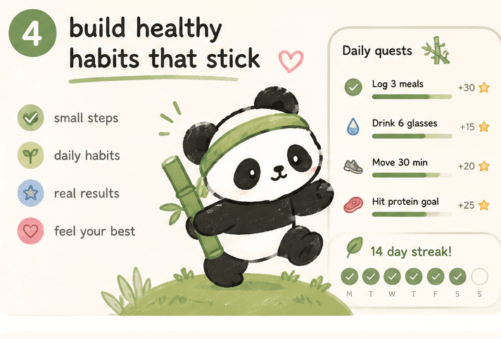 Step 4, build healthy habits that stick. Daily quests and a 14 day streak.