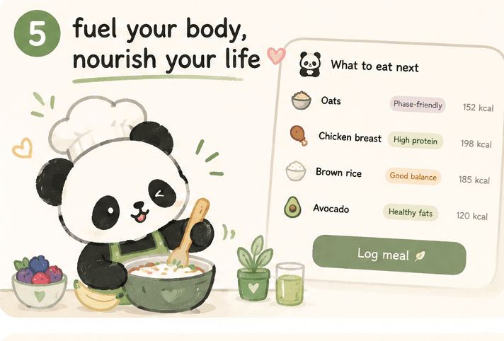 Step 5, fuel your body, nourish your life. Chef Bao cooking beside food suggestions.